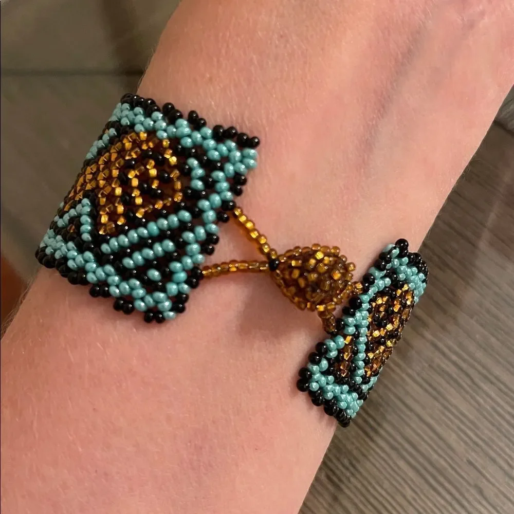 Miyuki Boho Beaded Bracelet – Turquoise & Amber Geometric Pattern Peyote Stitch